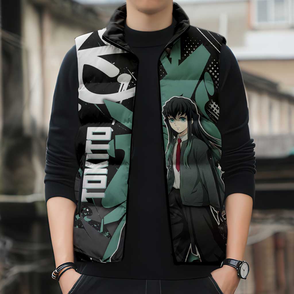 Muichiro Tokito Demon Slayer Sleeveless Puffer Jacket Teal & Black Graffiti Anime