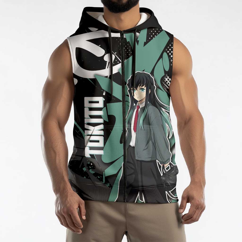 Muichiro Tokito Demon Slayer Sleeveless Zip Hoodie Teal & Black Graffiti Anime