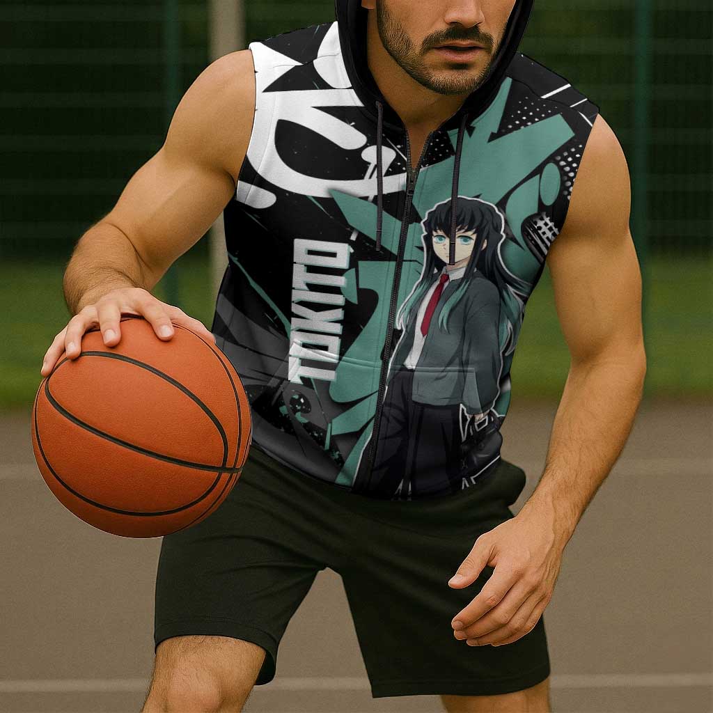 Muichiro Tokito Demon Slayer Sleeveless Zip Hoodie Teal & Black Graffiti Anime