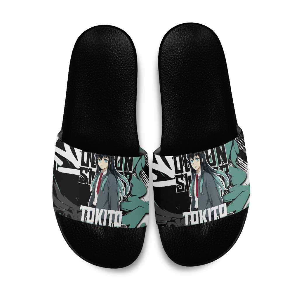 Muichiro Tokito Demon Slayer Slide Sandals Teal & Black Graffiti Anime