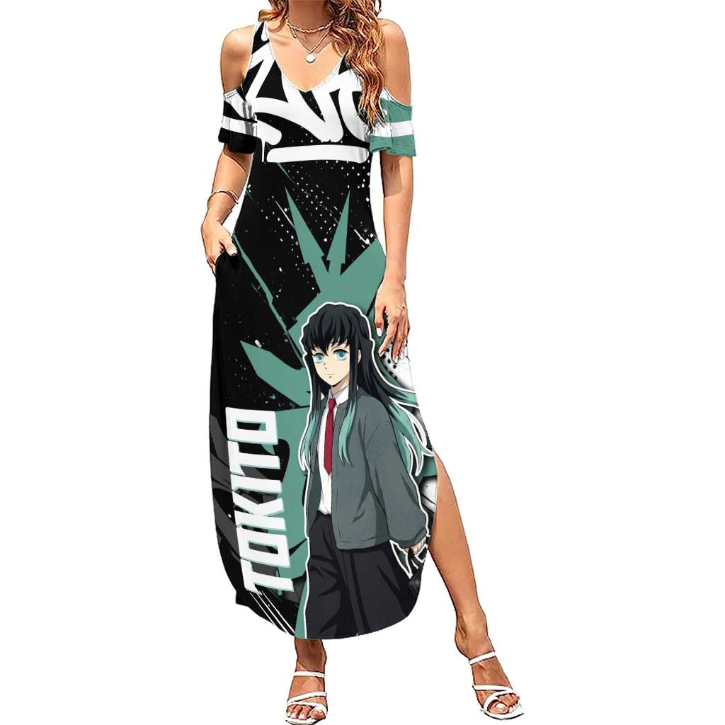 Muichiro Tokito Demon Slayer Summer Maxi Dress Teal & Black Graffiti Anime