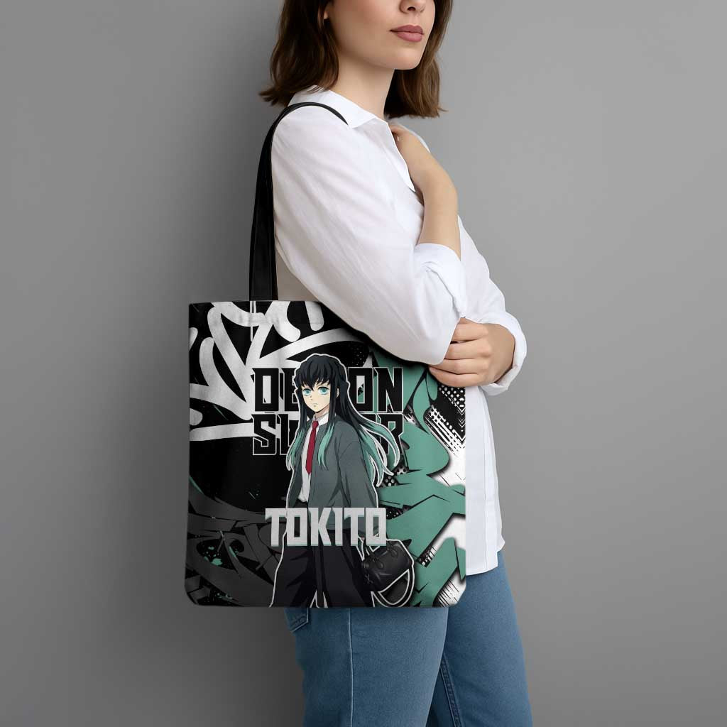 Muichiro Tokito Demon Slayer Tote Bag Teal & Black Graffiti Anime