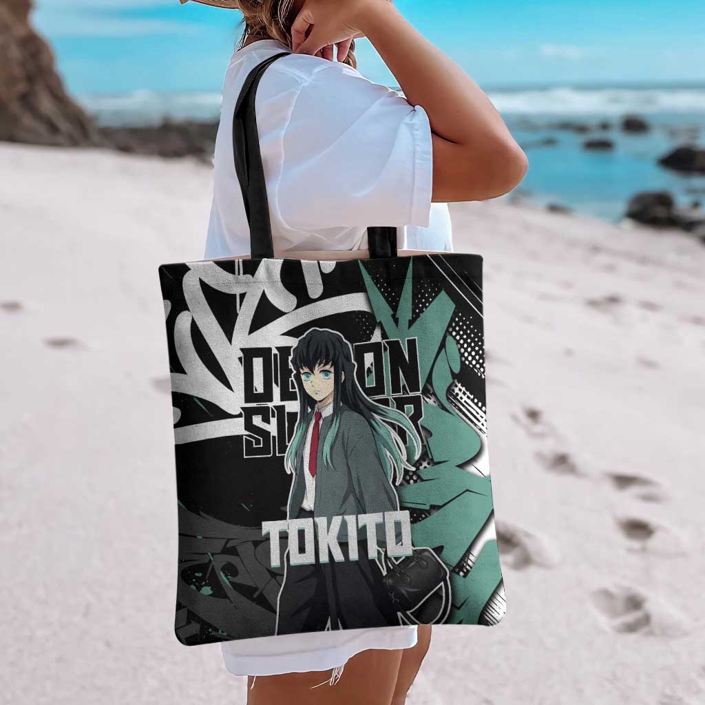 Muichiro Tokito Demon Slayer Tote Bag Teal & Black Graffiti Anime