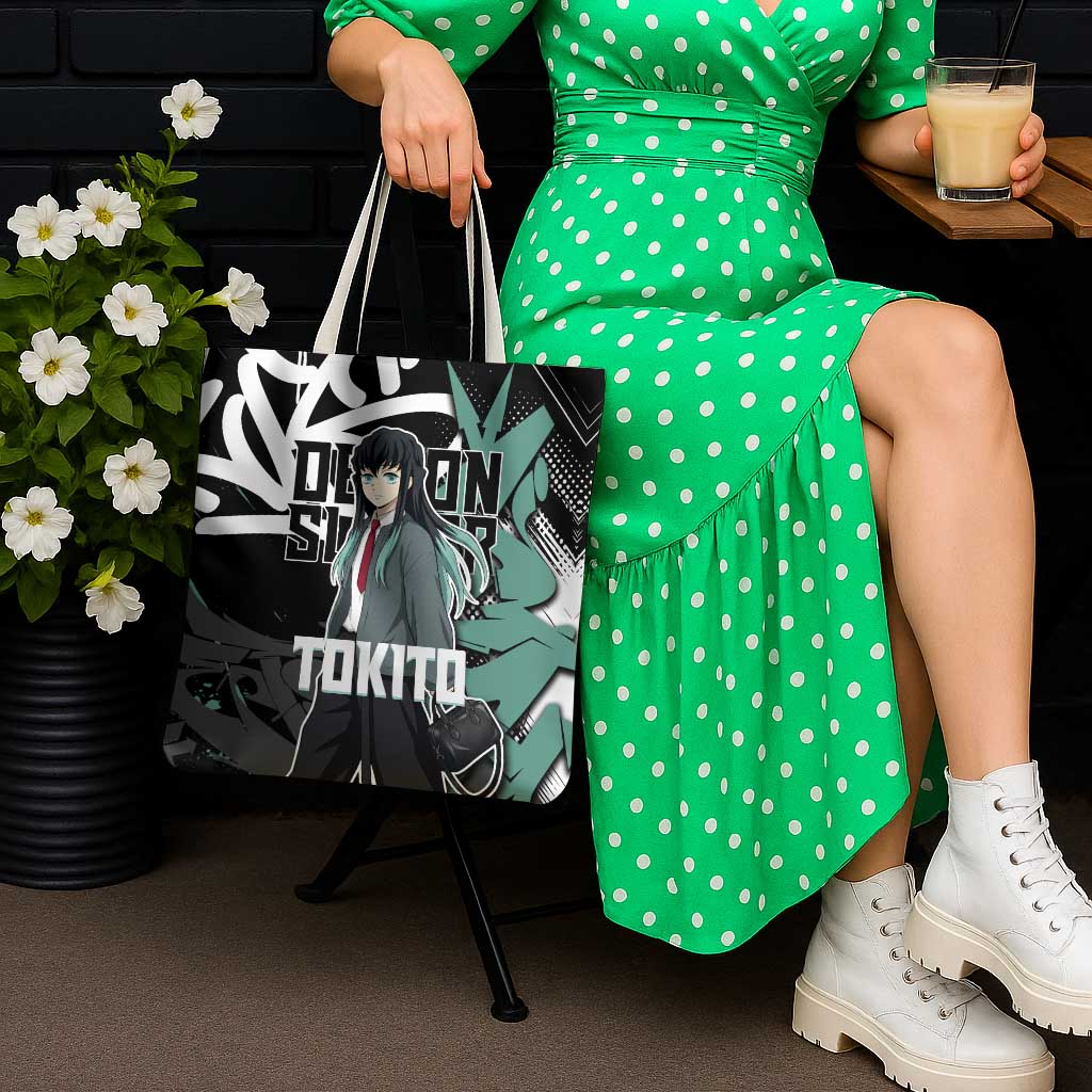 Muichiro Tokito Demon Slayer Tote Bag Teal & Black Graffiti Anime
