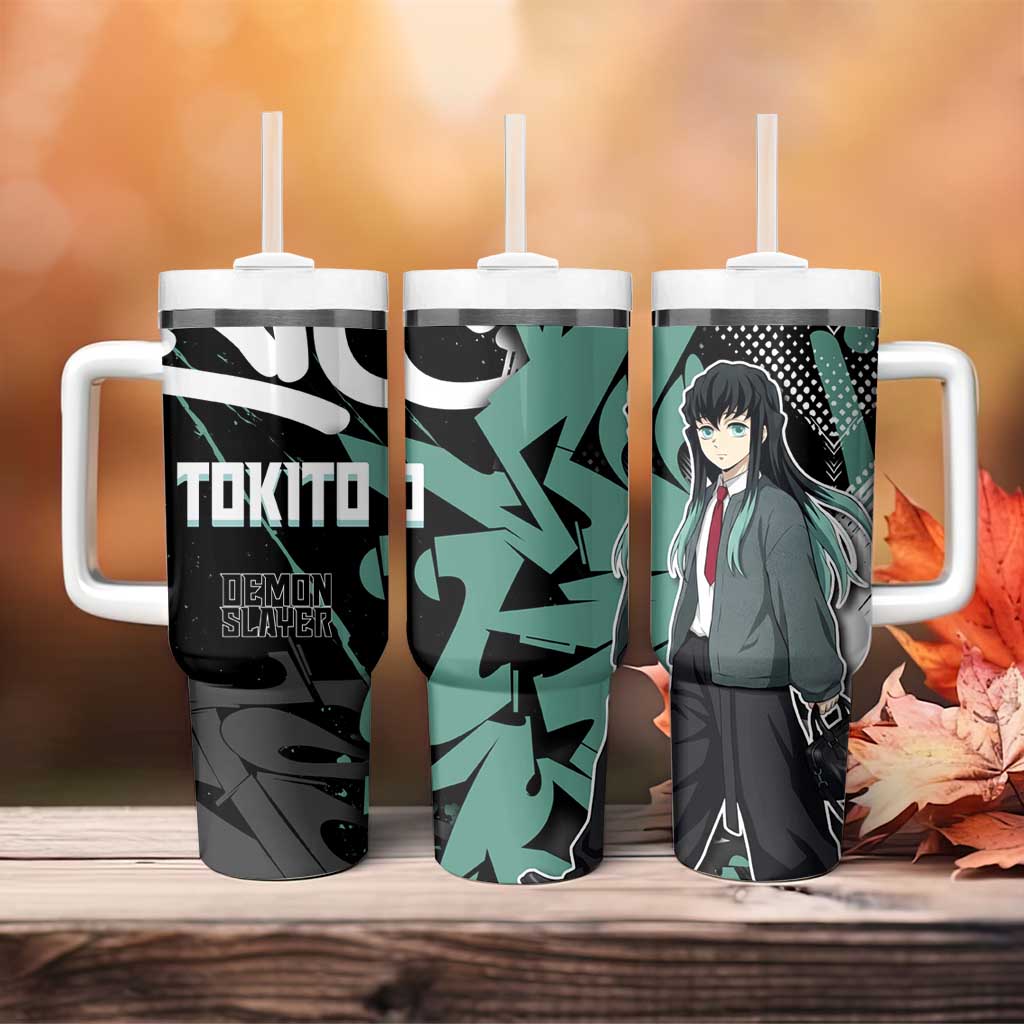 Muichiro Tokito Demon Slayer Tumbler With Handle Teal & Black Graffiti Anime