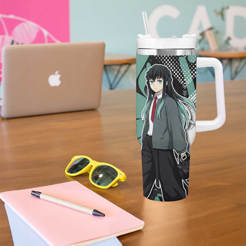 Muichiro Tokito Demon Slayer Tumbler With Handle Teal & Black Graffiti Anime