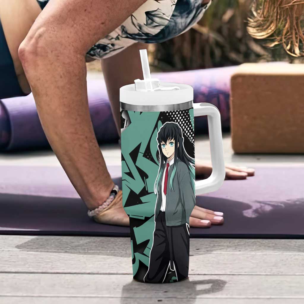 Muichiro Tokito Demon Slayer Tumbler With Handle Teal & Black Graffiti Anime