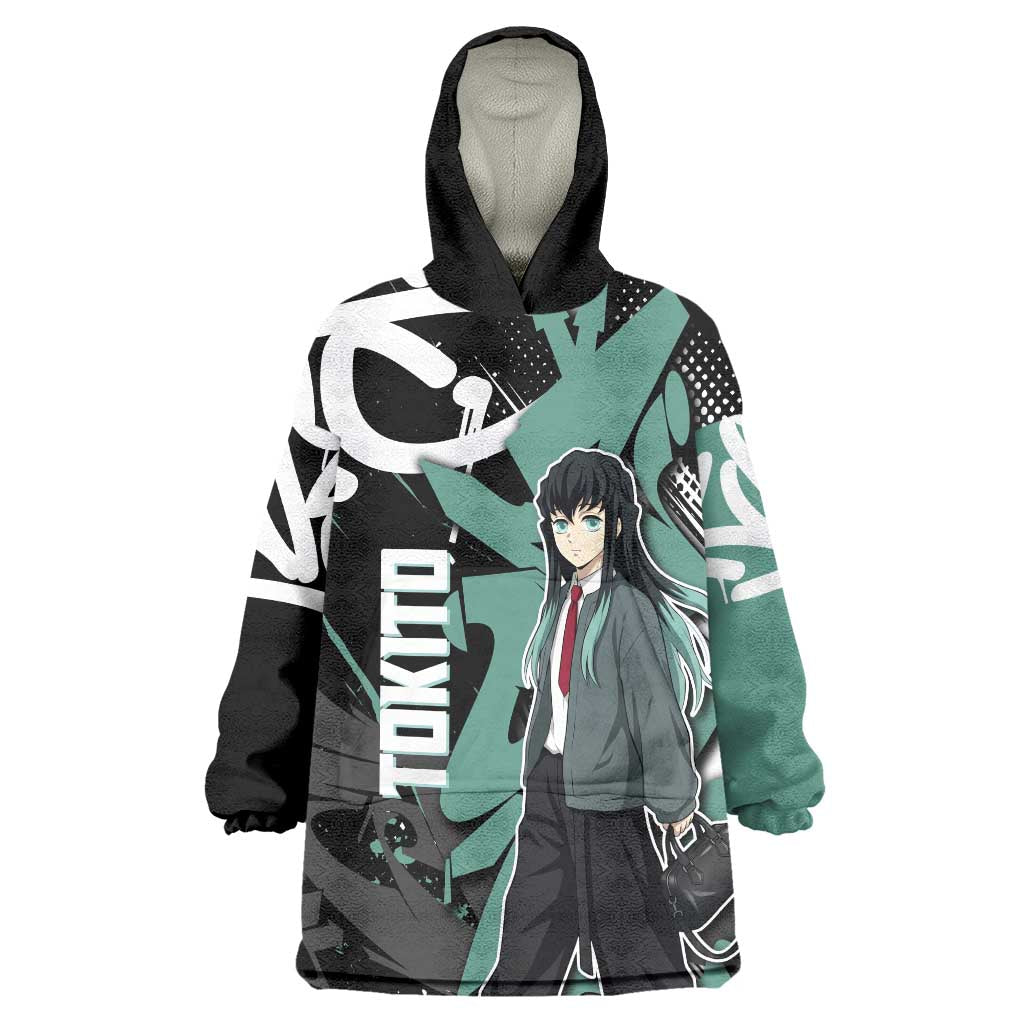 Muichiro Tokito Demon Slayer Wearable Blanket Hoodie Teal & Black Graffiti Anime