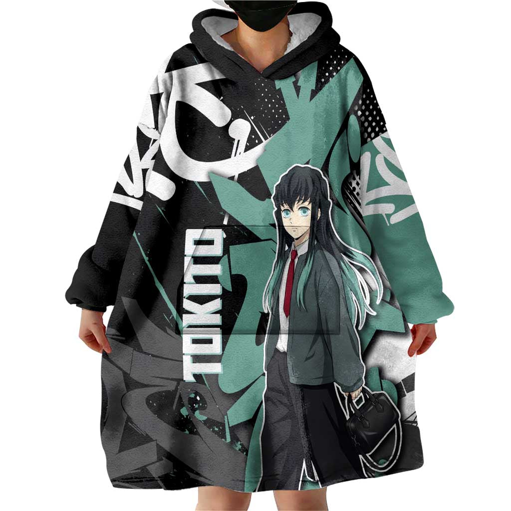 Muichiro Tokito Demon Slayer Wearable Blanket Hoodie Teal & Black Graffiti Anime