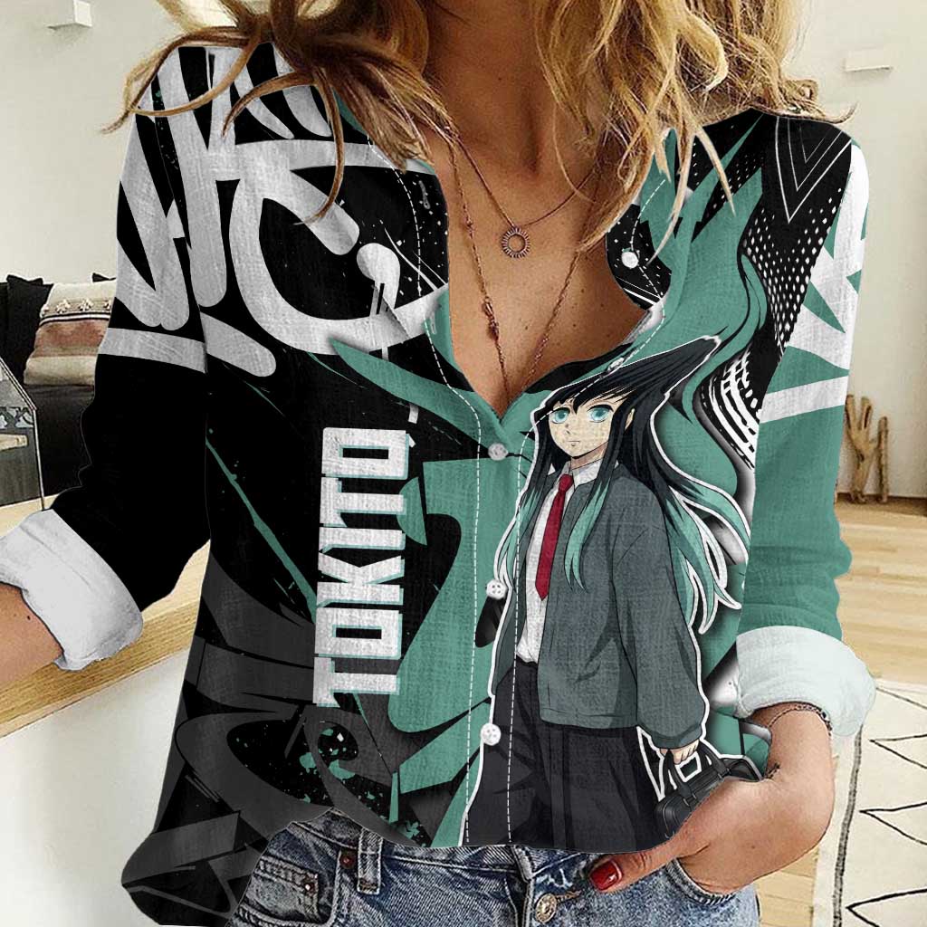 Muichiro Tokito Demon Slayer Women Casual Shirt Teal & Black Graffiti Anime