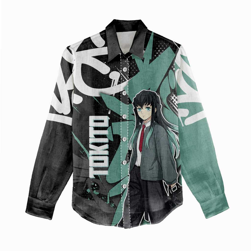 Muichiro Tokito Demon Slayer Women Casual Shirt Teal & Black Graffiti Anime