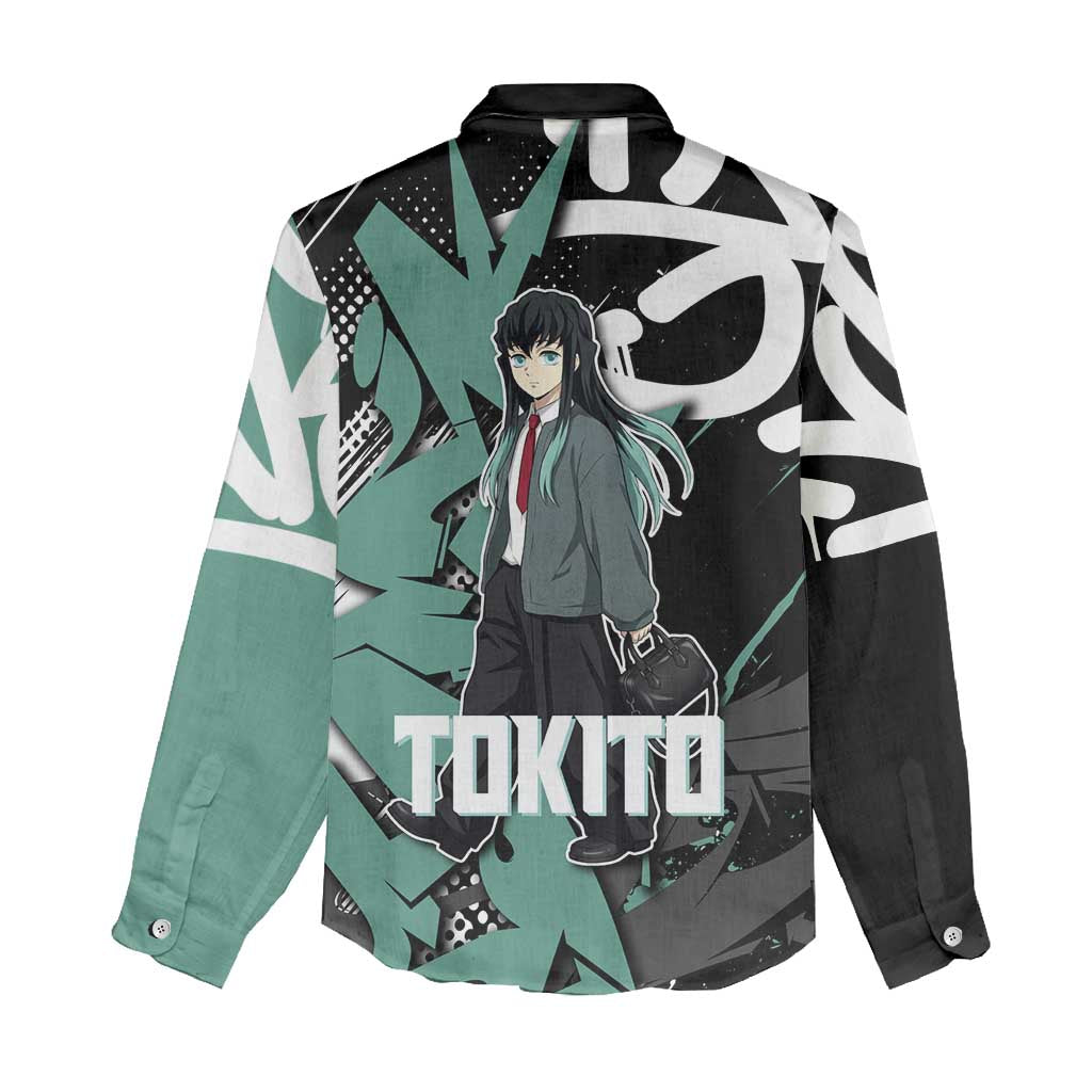 Muichiro Tokito Demon Slayer Women Casual Shirt Teal & Black Graffiti Anime