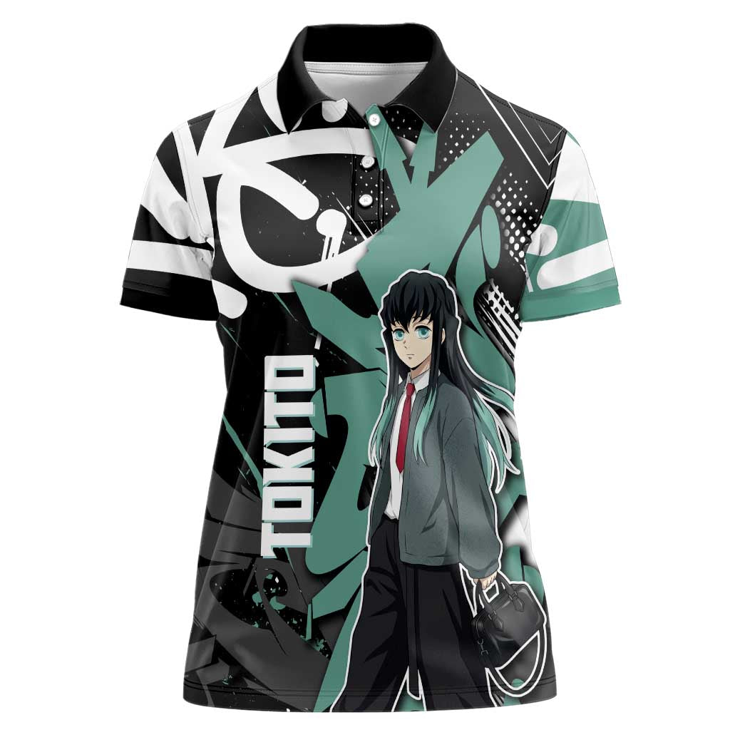 Muichiro Tokito Demon Slayer Women Polo Shirt Teal & Black Graffiti Anime