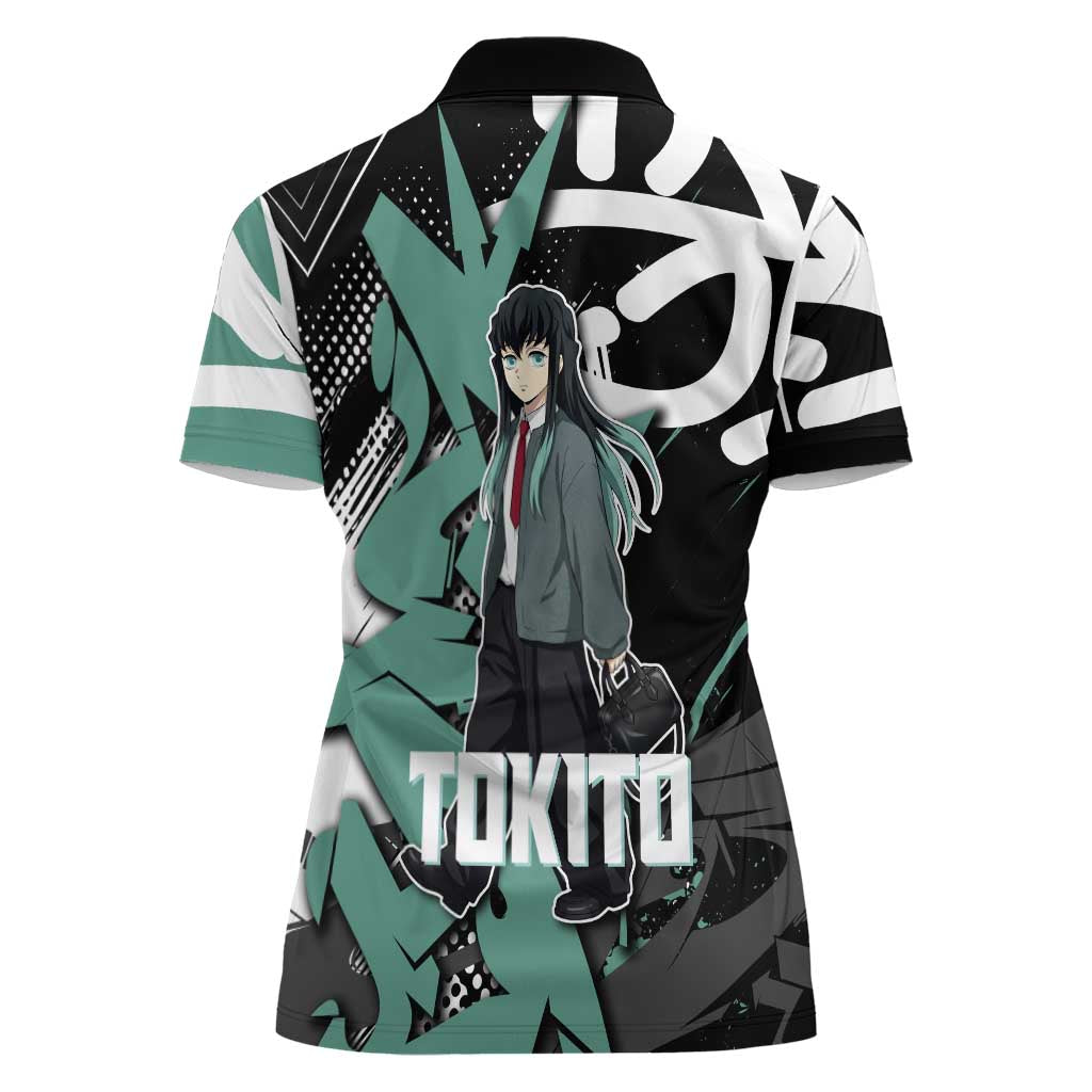 Muichiro Tokito Demon Slayer Women Polo Shirt Teal & Black Graffiti Anime