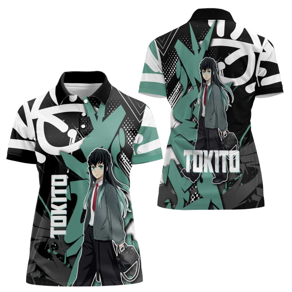 Muichiro Tokito Demon Slayer Women Polo Shirt Teal & Black Graffiti Anime