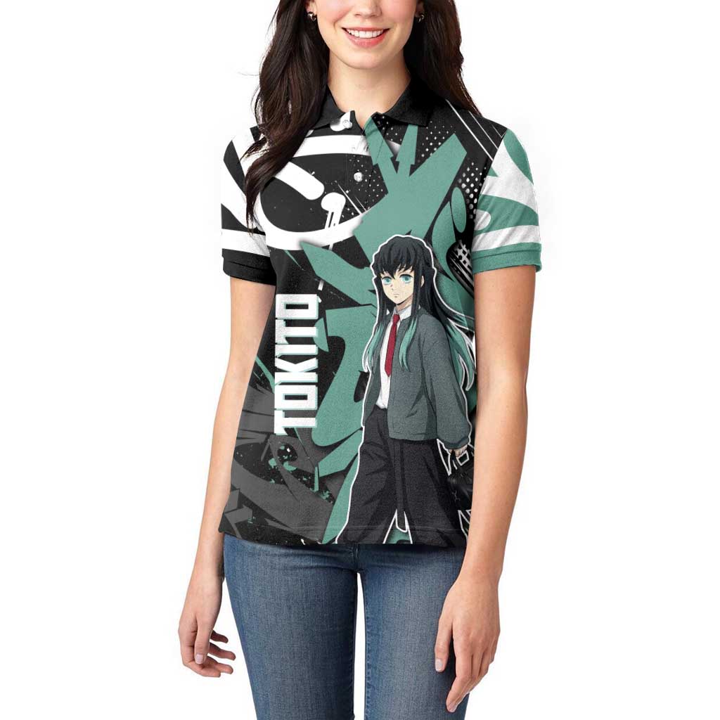 Muichiro Tokito Demon Slayer Women Polo Shirt Teal & Black Graffiti Anime