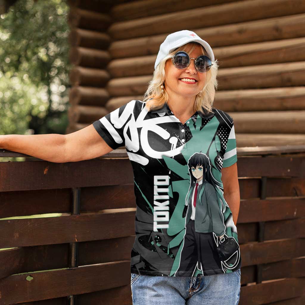 Muichiro Tokito Demon Slayer Women Polo Shirt Teal & Black Graffiti Anime