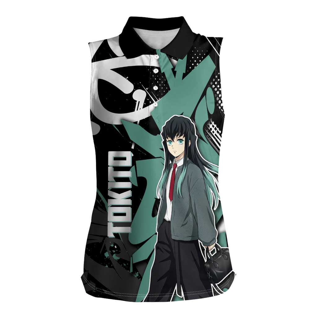 Muichiro Tokito Demon Slayer Women Sleeveless Polo Shirt Teal & Black Graffiti Anime