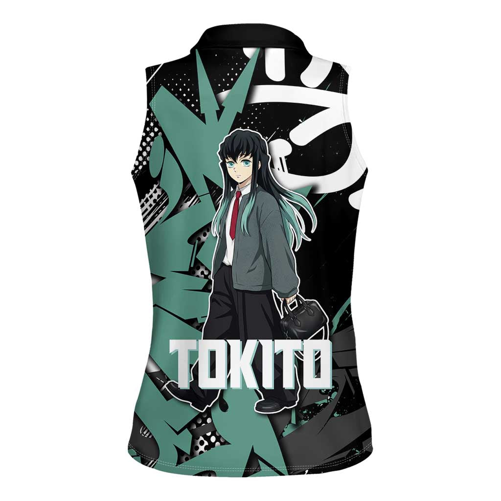 Muichiro Tokito Demon Slayer Women Sleeveless Polo Shirt Teal & Black Graffiti Anime