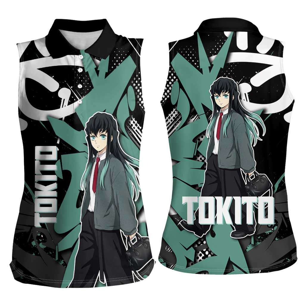 Muichiro Tokito Demon Slayer Women Sleeveless Polo Shirt Teal & Black Graffiti Anime