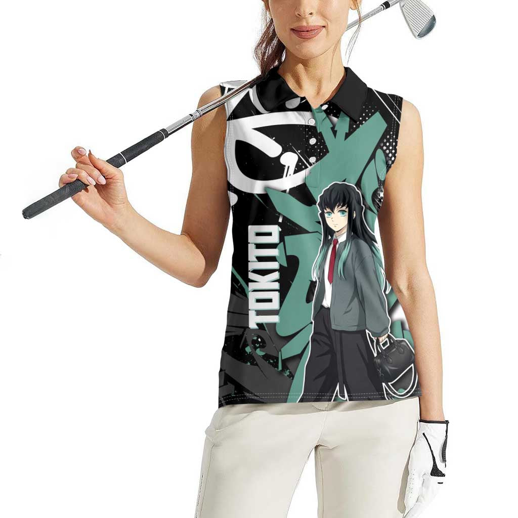 Muichiro Tokito Demon Slayer Women Sleeveless Polo Shirt Teal & Black Graffiti Anime