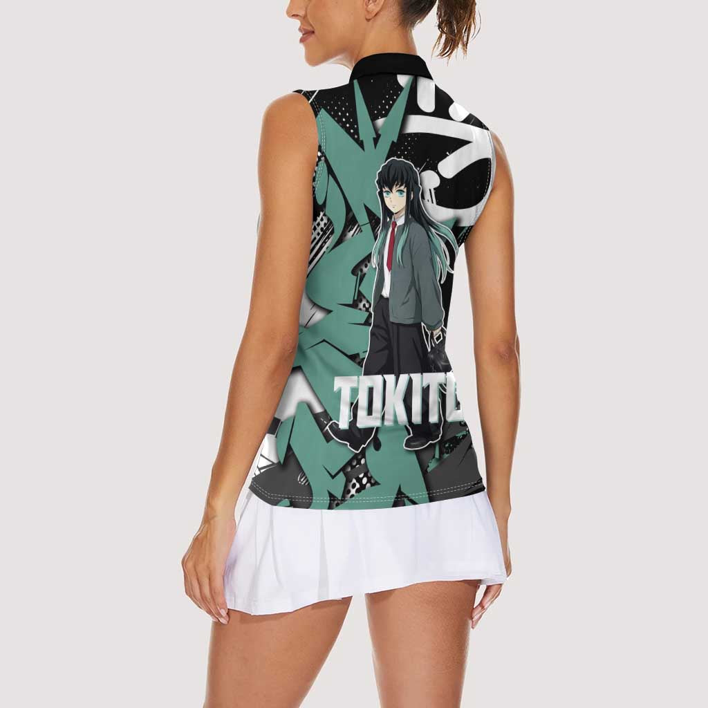 Muichiro Tokito Demon Slayer Women Sleeveless Polo Shirt Teal & Black Graffiti Anime