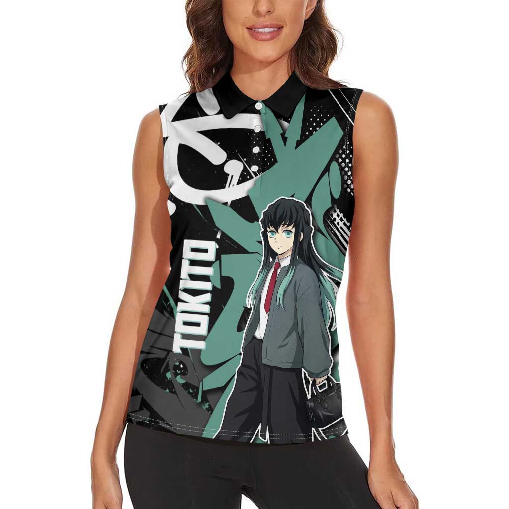 Muichiro Tokito Demon Slayer Women Sleeveless Polo Shirt Teal & Black Graffiti Anime