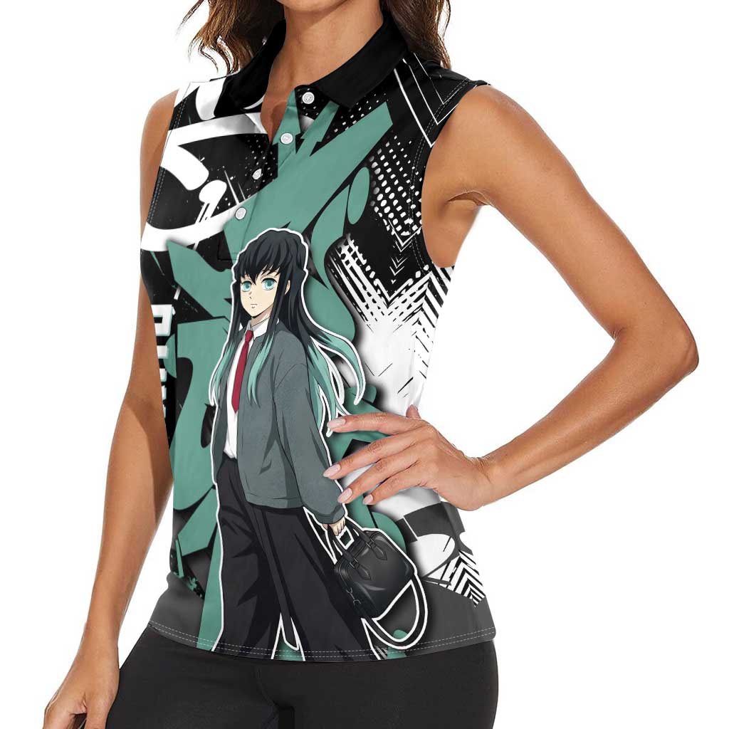 Muichiro Tokito Demon Slayer Women Sleeveless Polo Shirt Teal & Black Graffiti Anime