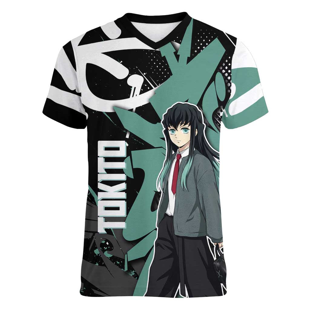 Muichiro Tokito Demon Slayer Women V-Neck T-Shirt Teal & Black Graffiti Anime