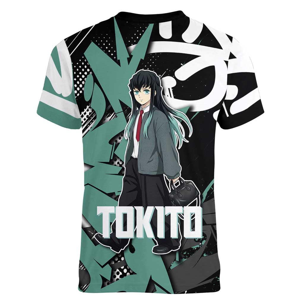 Muichiro Tokito Demon Slayer Women V-Neck T-Shirt Teal & Black Graffiti Anime