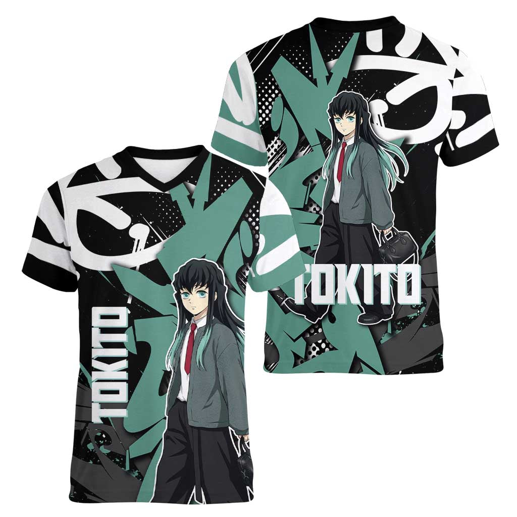 Muichiro Tokito Demon Slayer Women V-Neck T-Shirt Teal & Black Graffiti Anime