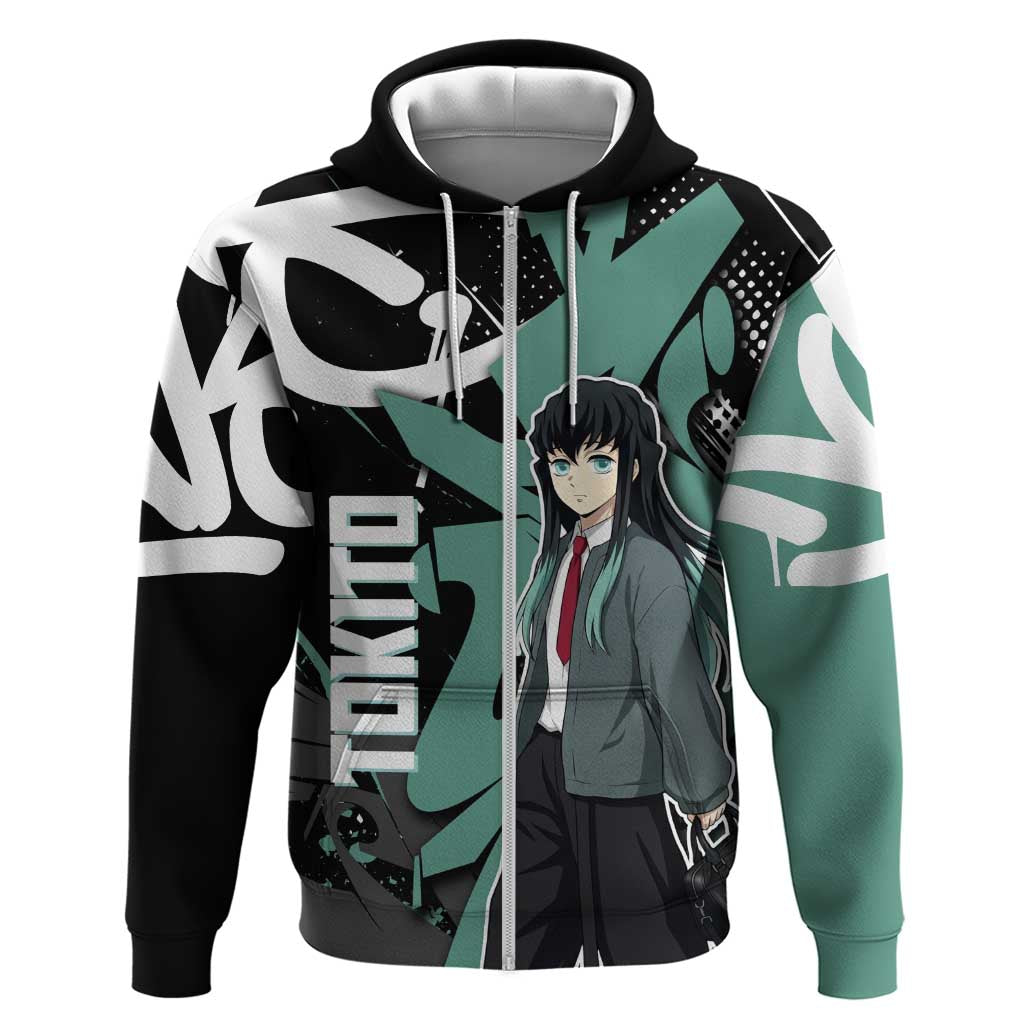 Muichiro Tokito Demon Slayer Zip Hoodie Teal & Black Graffiti Anime