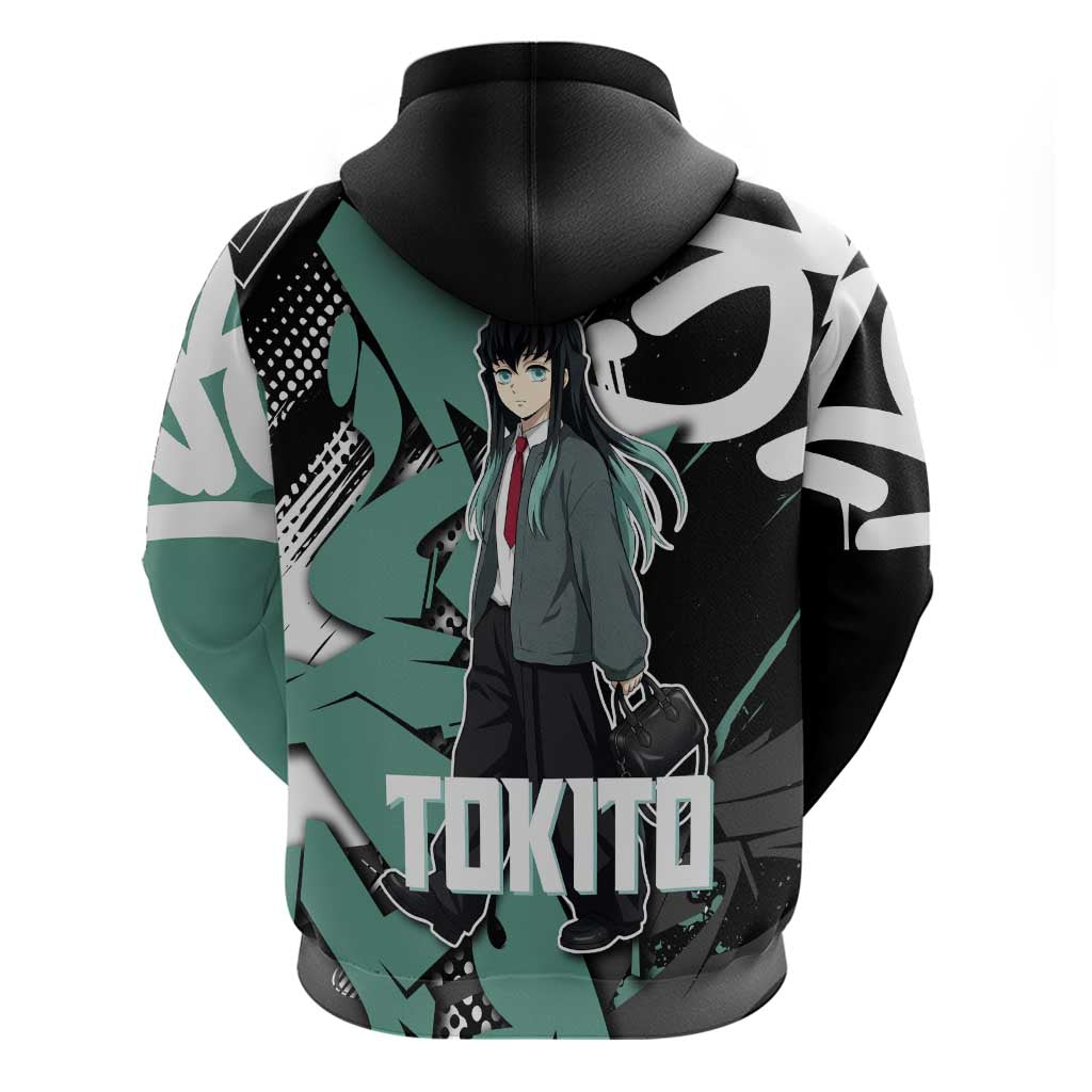 Muichiro Tokito Demon Slayer Zip Hoodie Teal & Black Graffiti Anime