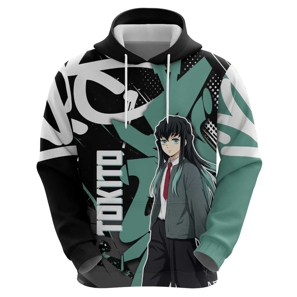 Muichiro Tokito Demon Slayer Zip Hoodie Teal & Black Graffiti Anime