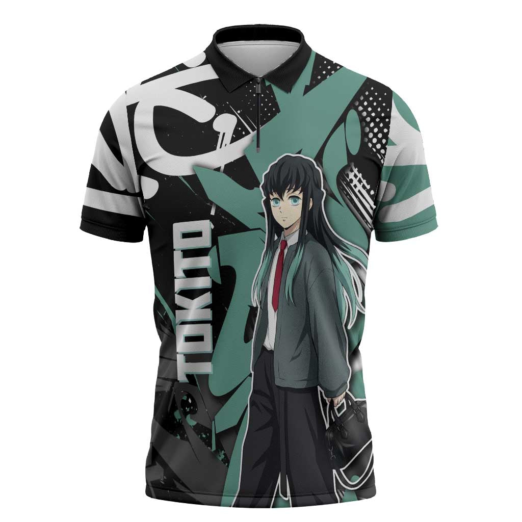 Muichiro Tokito Demon Slayer Zipper Polo Shirt Teal & Black Graffiti Anime