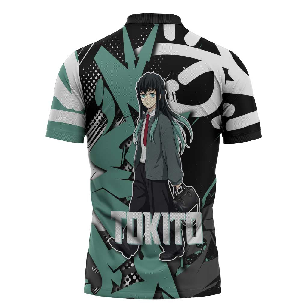 Muichiro Tokito Demon Slayer Zipper Polo Shirt Teal & Black Graffiti Anime