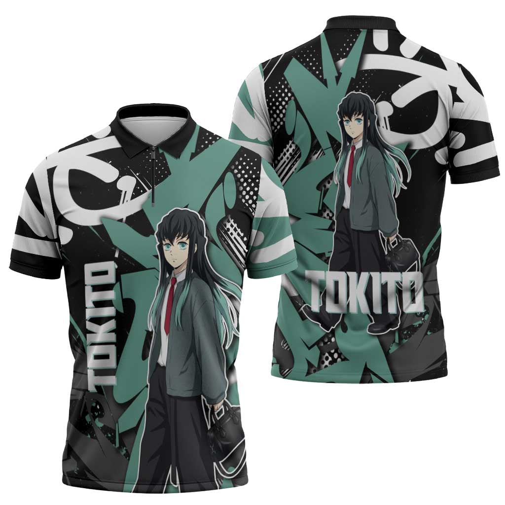 Muichiro Tokito Demon Slayer Zipper Polo Shirt Teal & Black Graffiti Anime