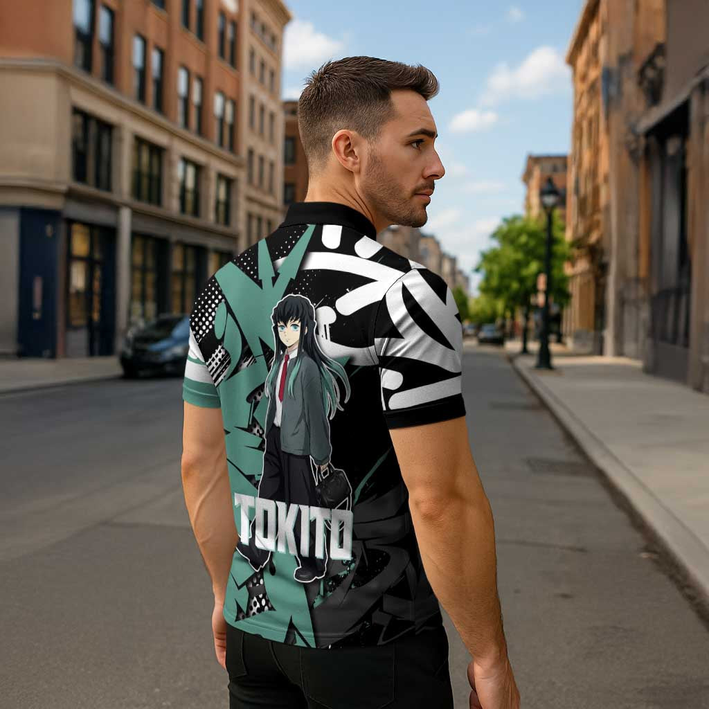 Muichiro Tokito Demon Slayer Zipper Polo Shirt Teal & Black Graffiti Anime