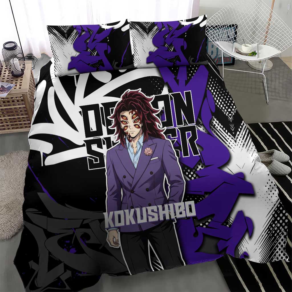 Kokushibo Demon Slayer Bedding Set Purple & Black Graffiti Anime