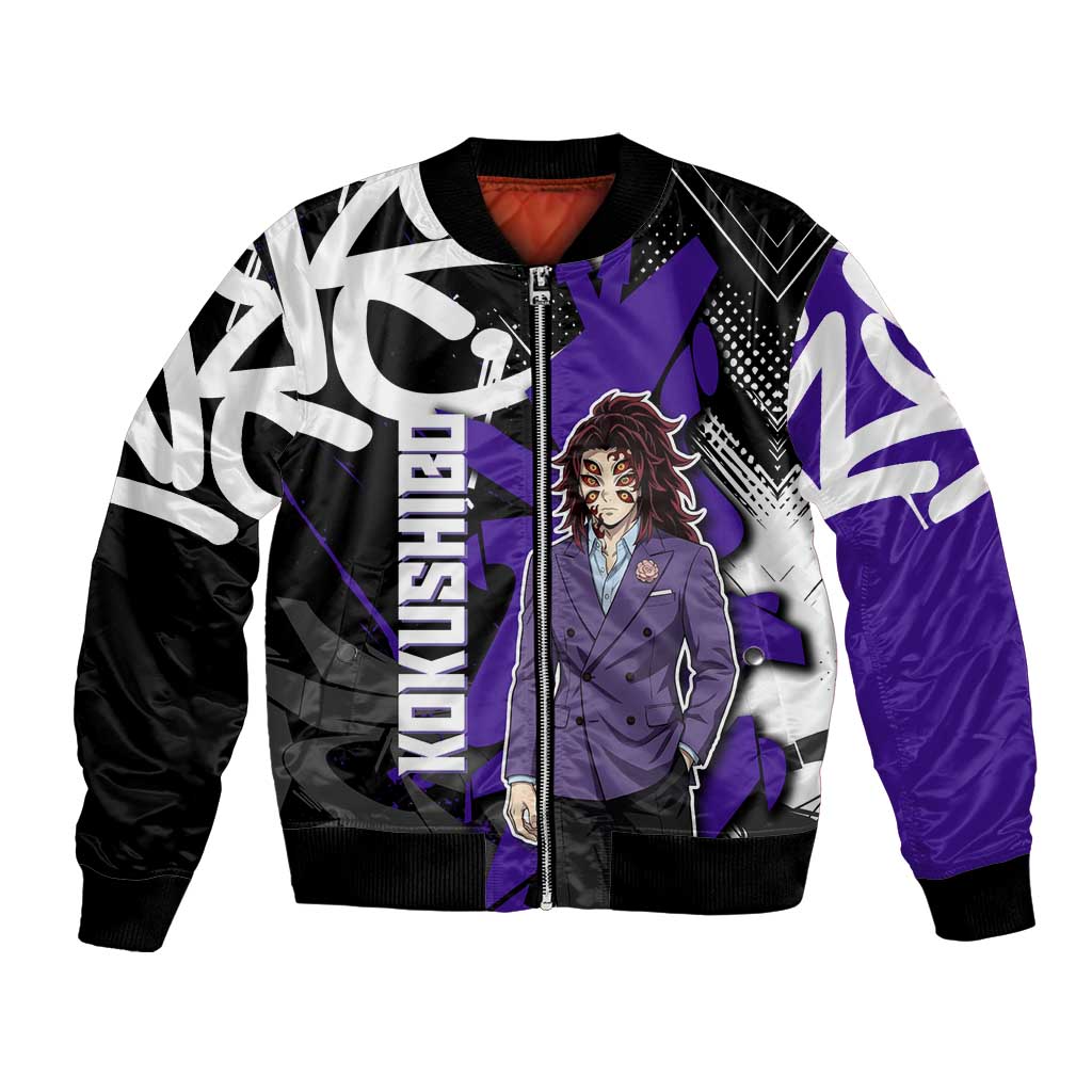Kokushibo Demon Slayer Bomber Jacket Purple & Black Graffiti Anime
