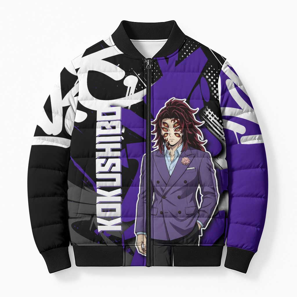 Kokushibo Demon Slayer Bomber Puffer Jacket Purple & Black Graffiti Anime
