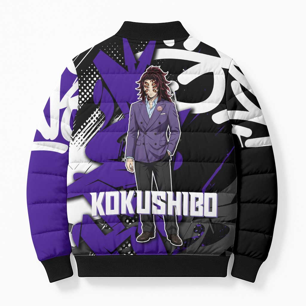 Kokushibo Demon Slayer Bomber Puffer Jacket Purple & Black Graffiti Anime