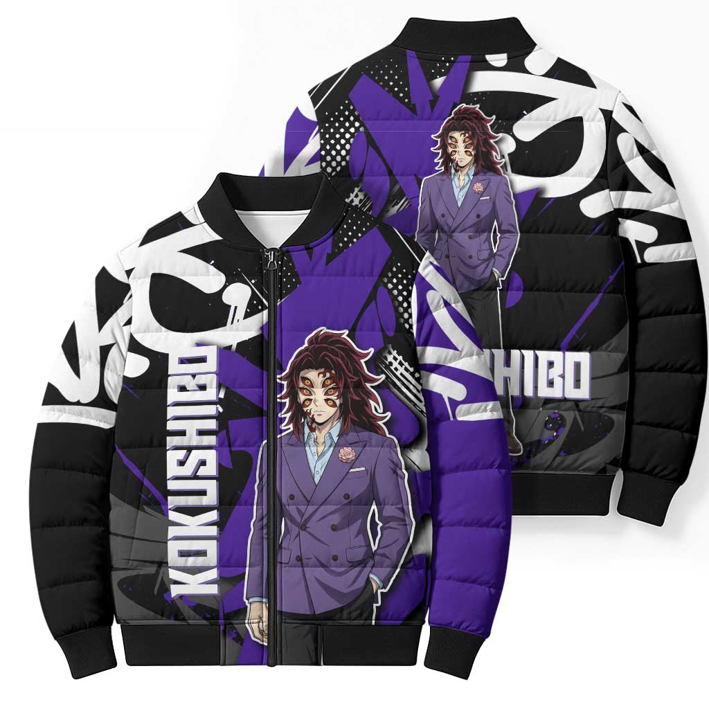 Kokushibo Demon Slayer Bomber Puffer Jacket Purple & Black Graffiti Anime