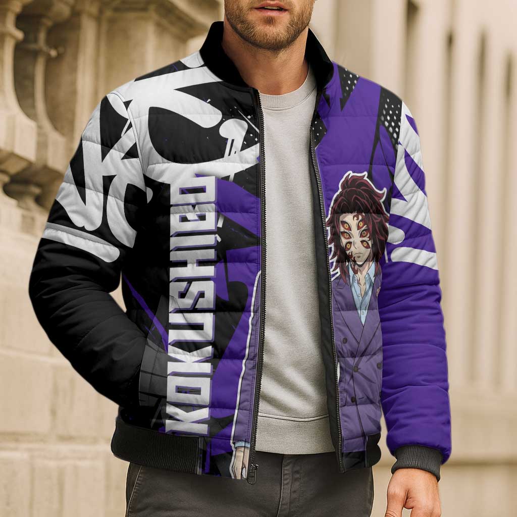 Kokushibo Demon Slayer Bomber Puffer Jacket Purple & Black Graffiti Anime