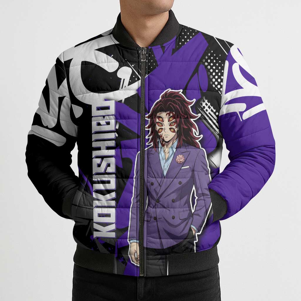 Kokushibo Demon Slayer Bomber Puffer Jacket Purple & Black Graffiti Anime