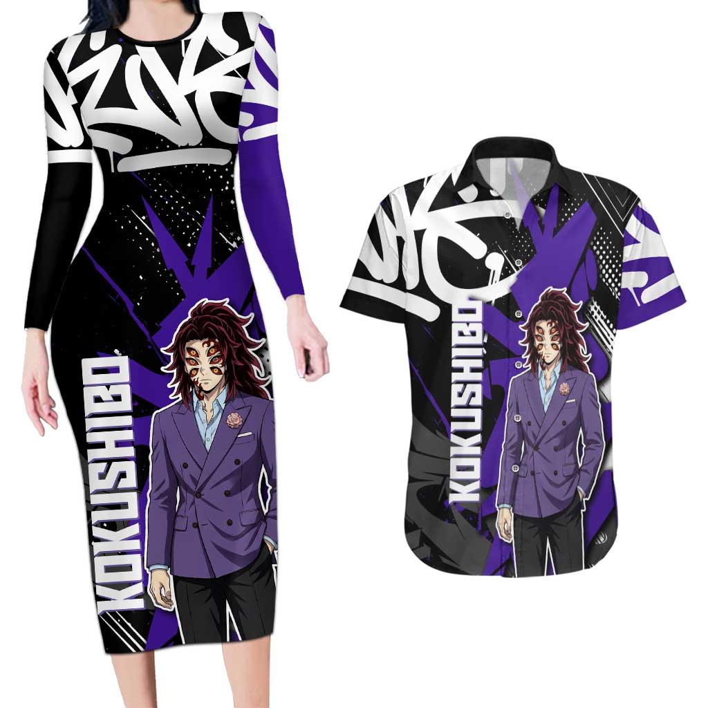 Kokushibo Demon Slayer Couples Matching Long Sleeve Bodycon Dress and Hawaiian Shirt Purple & Black Graffiti Anime