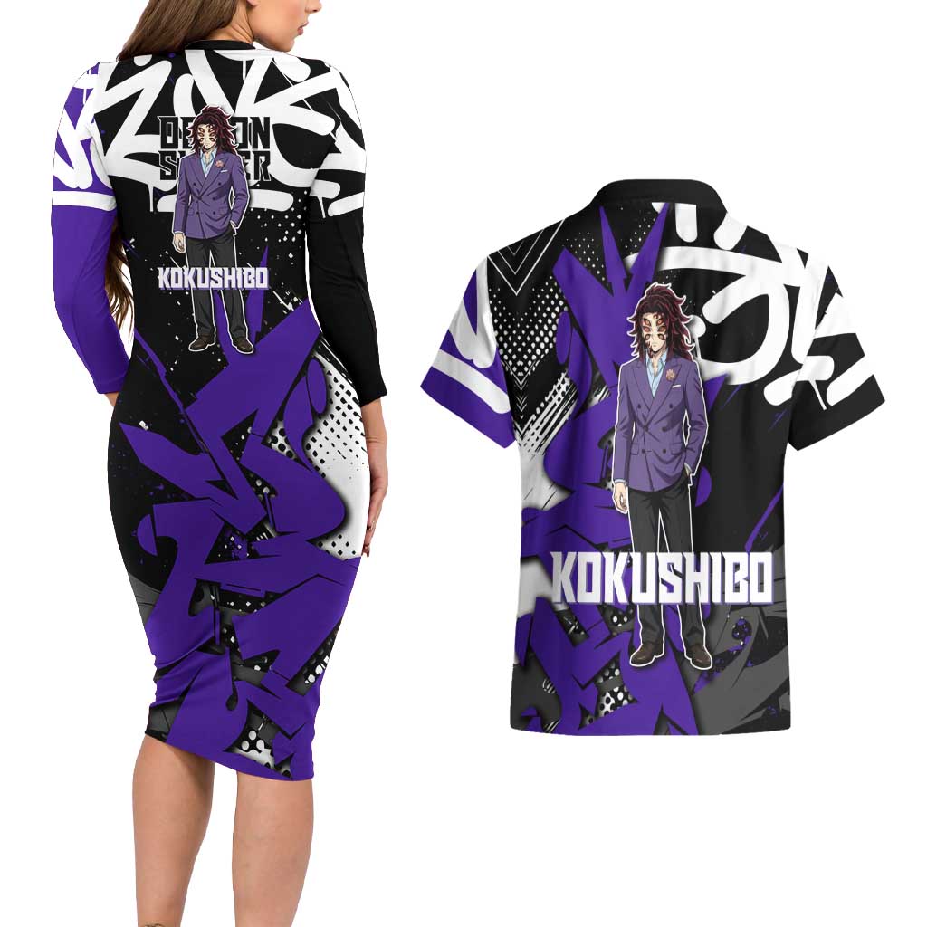 Kokushibo Demon Slayer Couples Matching Long Sleeve Bodycon Dress and Hawaiian Shirt Purple & Black Graffiti Anime
