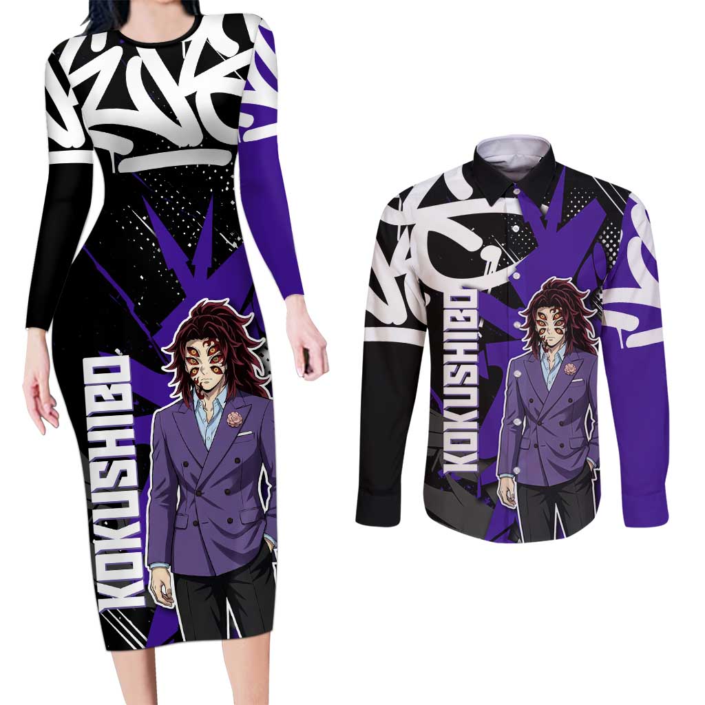 Kokushibo Demon Slayer Couples Matching Long Sleeve Bodycon Dress and Long Sleeve Button Shirt Purple & Black Graffiti Anime