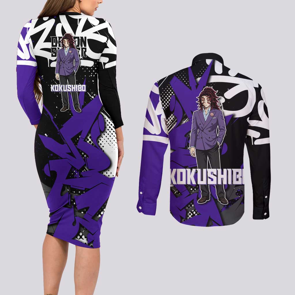 Kokushibo Demon Slayer Couples Matching Long Sleeve Bodycon Dress and Long Sleeve Button Shirt Purple & Black Graffiti Anime