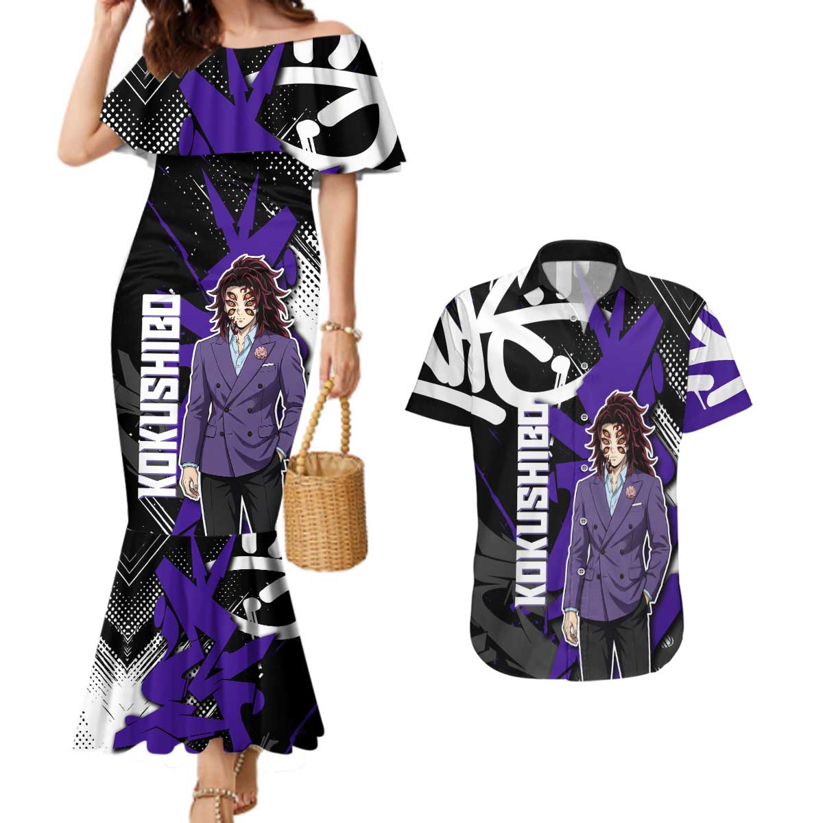 Kokushibo Demon Slayer Couples Matching Mermaid Dress and Hawaiian Shirt Purple & Black Graffiti Anime